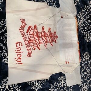 Takeout Style Tote Bag with Red Pagoda Graphic